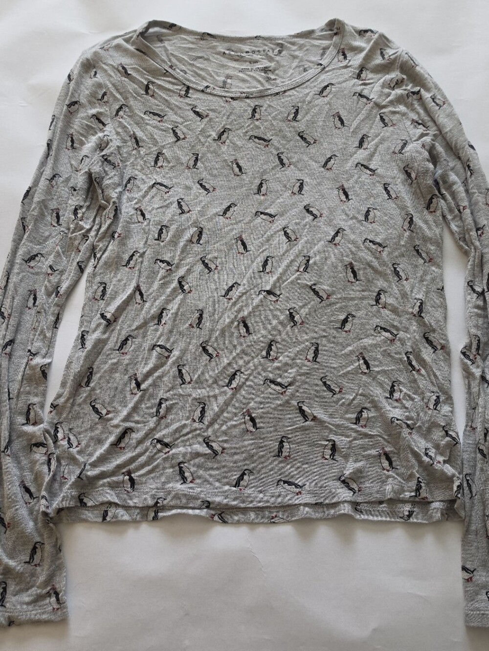 Light Gray Long Sleeve Women’s Top with Penguin Print